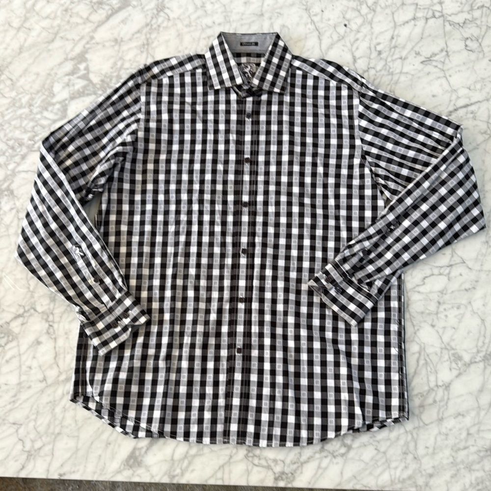 Bugatchi Plaid Dress Shirt White Black Size L Classic Fit